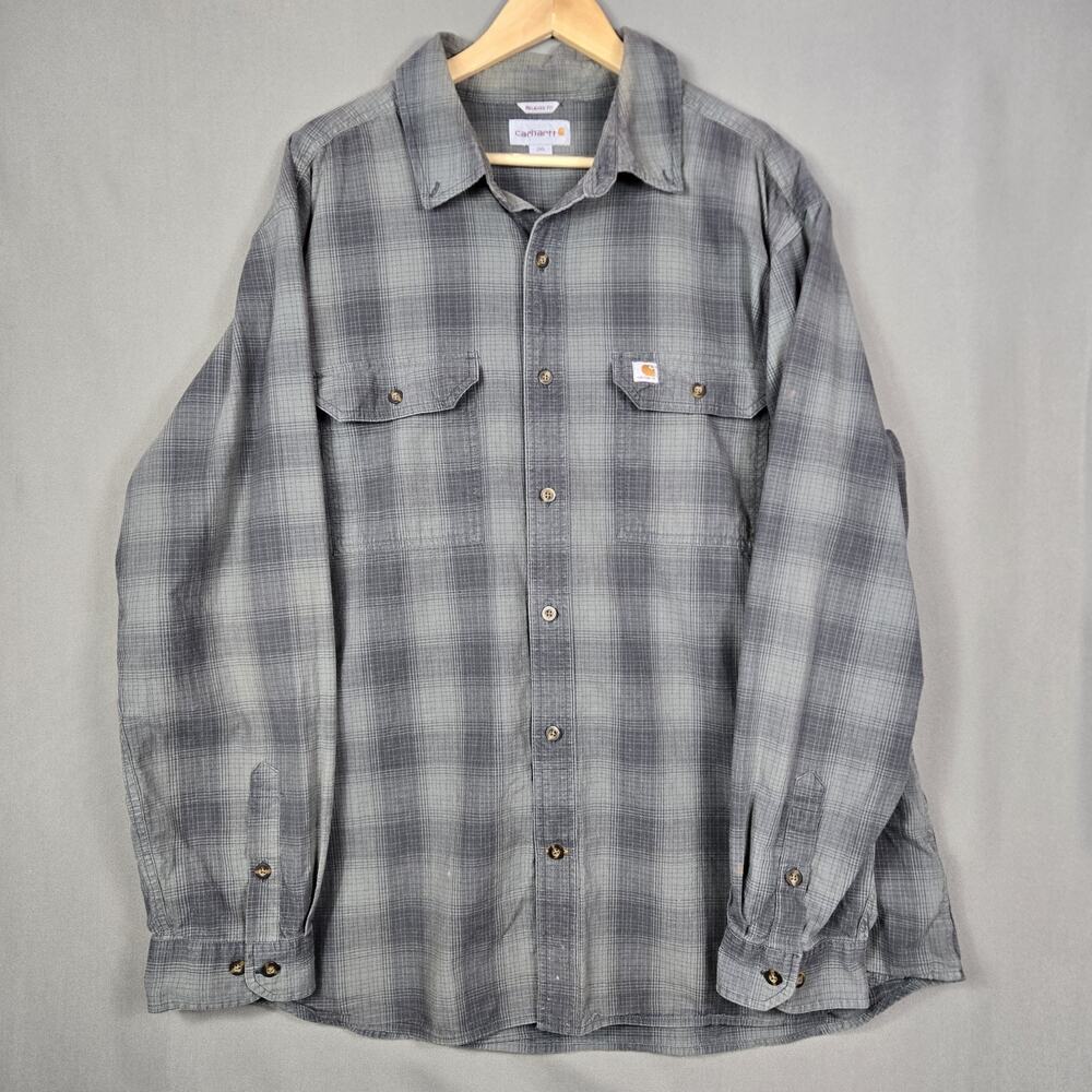 Carhartt Long Sleeve Button Up Gray Plaid Flannel Mens Work Shirt Size 2XL